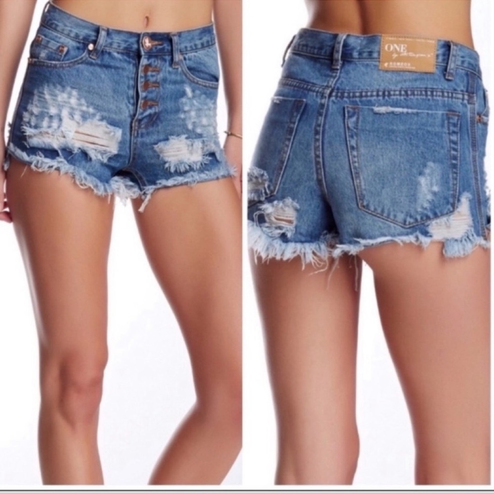 One Teaspoon Romeos High Rise Curved Hem Distressed Denim Shorts Festival